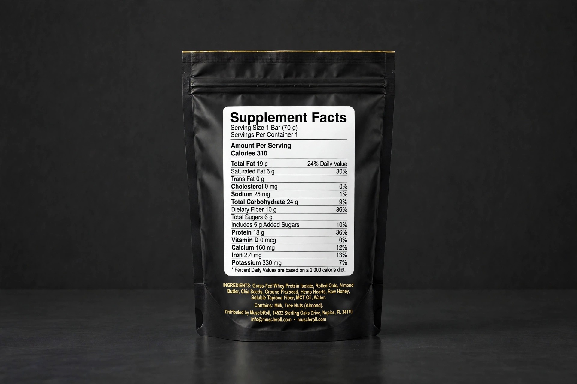 MuscleRoll Protein Bar pouch — back with Supplement Facts