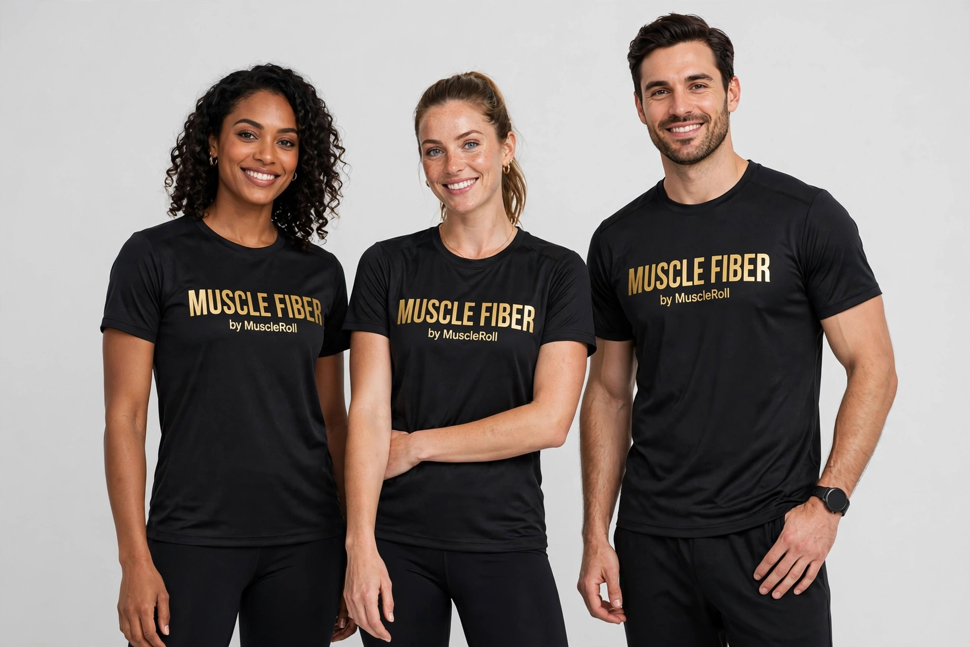 Muscle Fiber by MuscleRoll training shirt worn by three models